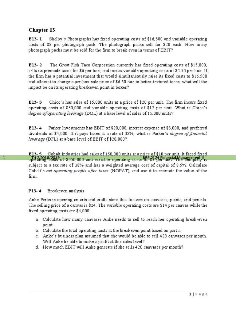 Tutorial Questions Chap. 13a (Topic 5 - Leverage & Capital Structure ...