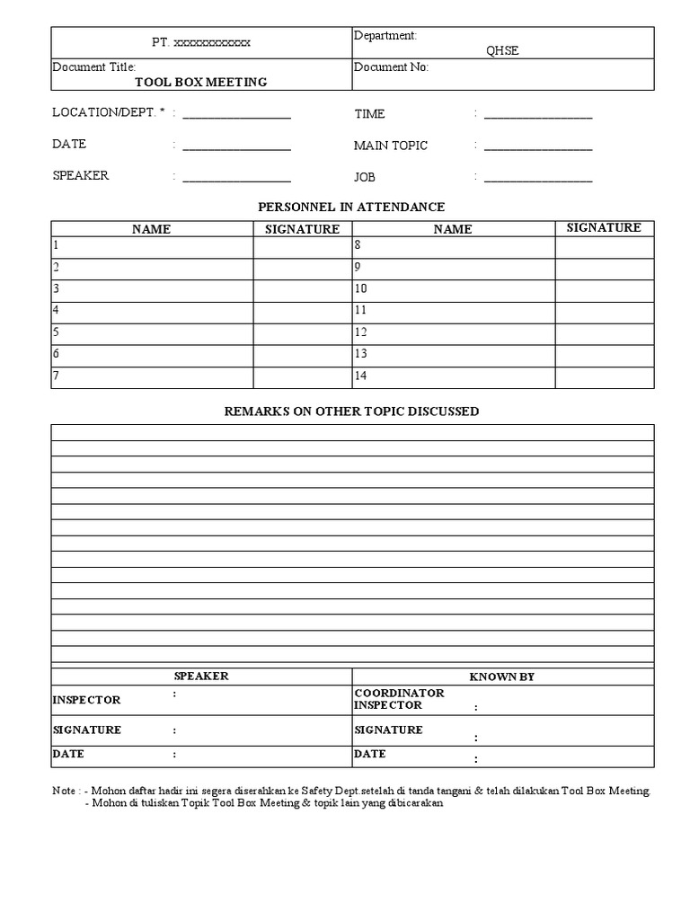 Tool Box Meeting Attendances PDF