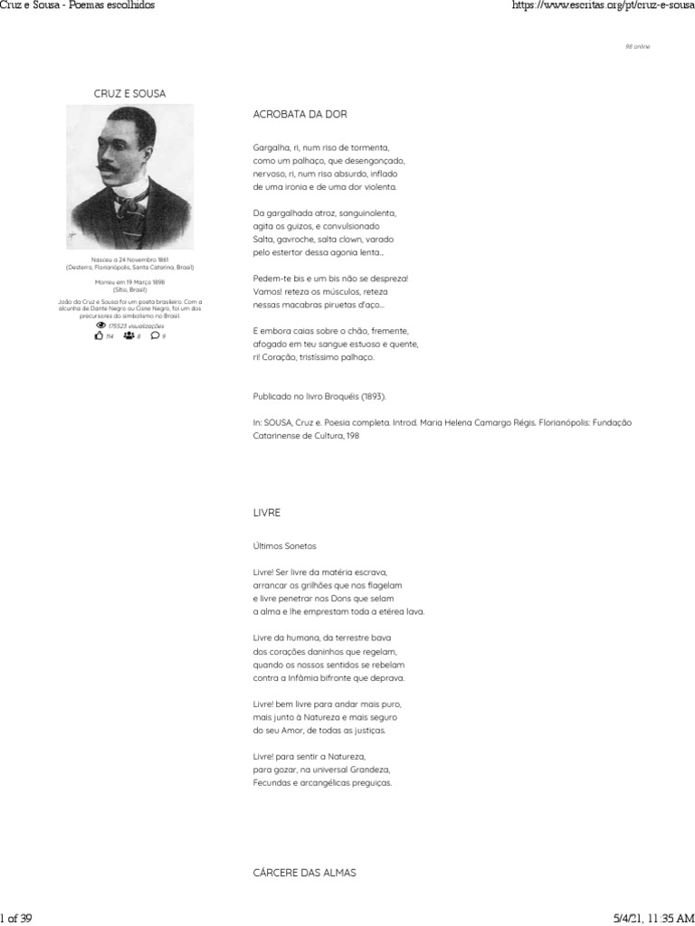 Poemas de Cruz e Sousa: Simbolismo e Dor | PDF