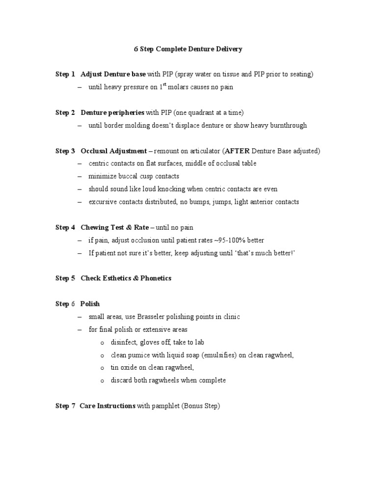 Complete Denture Delivery Steps | PDF | Wellness