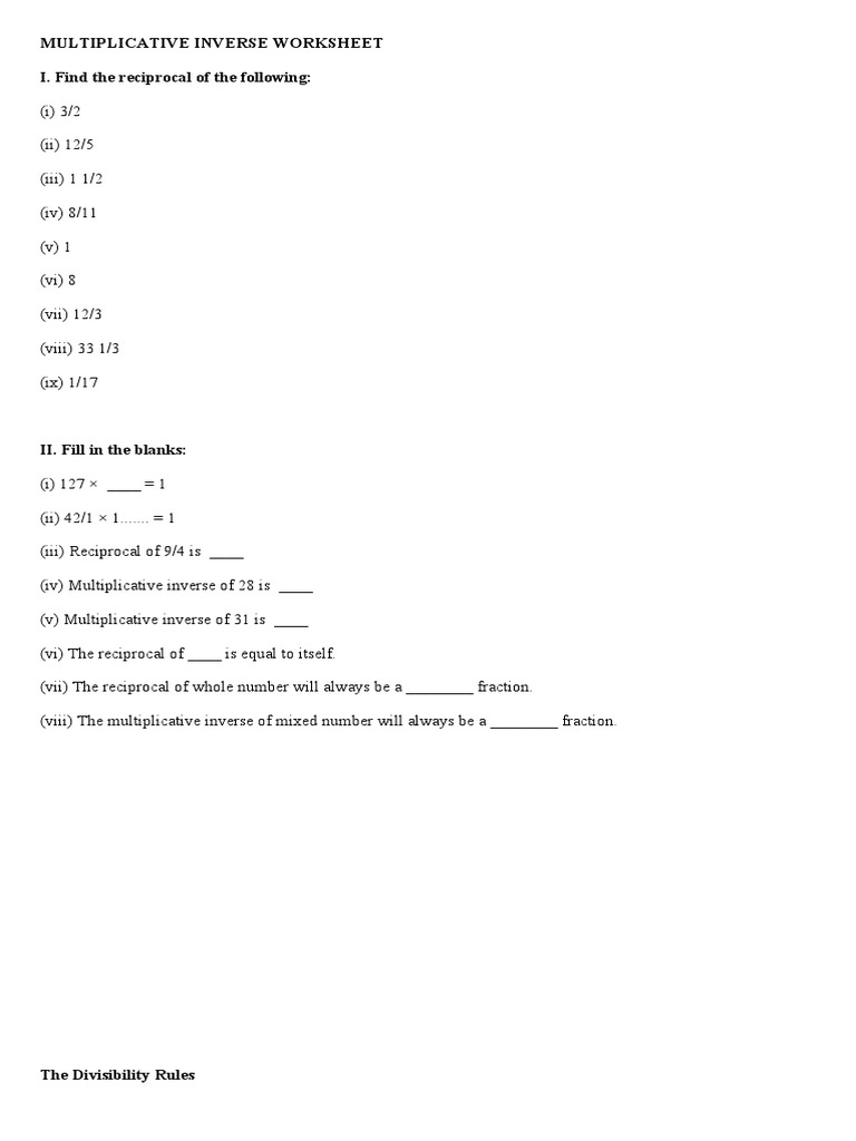 Multiplicative Inverse Worksheet Multiplicative Inverse | TPT
