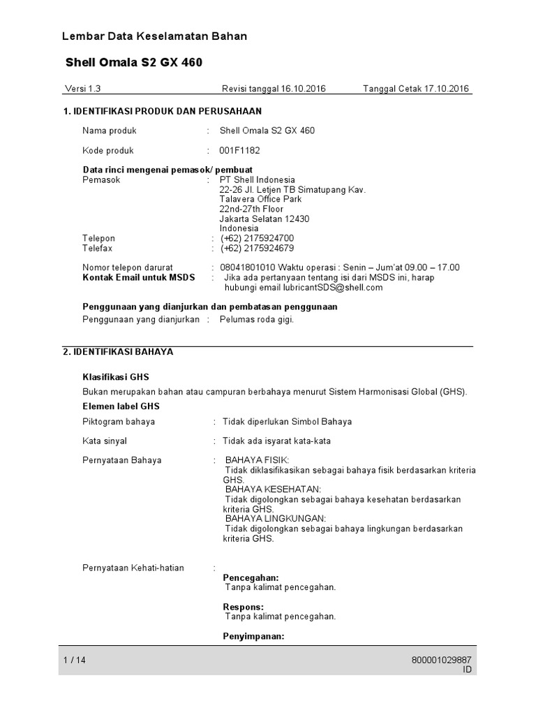 Lembar Data Keselamatan Shell Omala S2 GX 460 | PDF