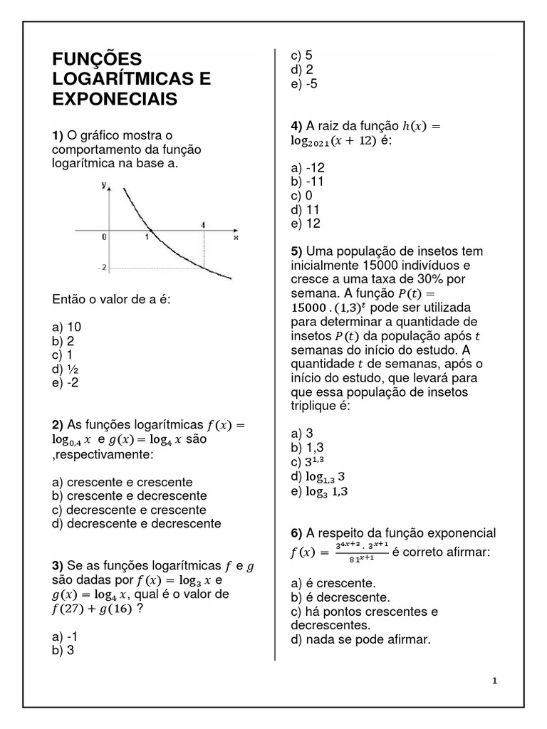 Exercícios de Funções Exponenciais e Logarítmicas | PDF | Logaritmo ...
