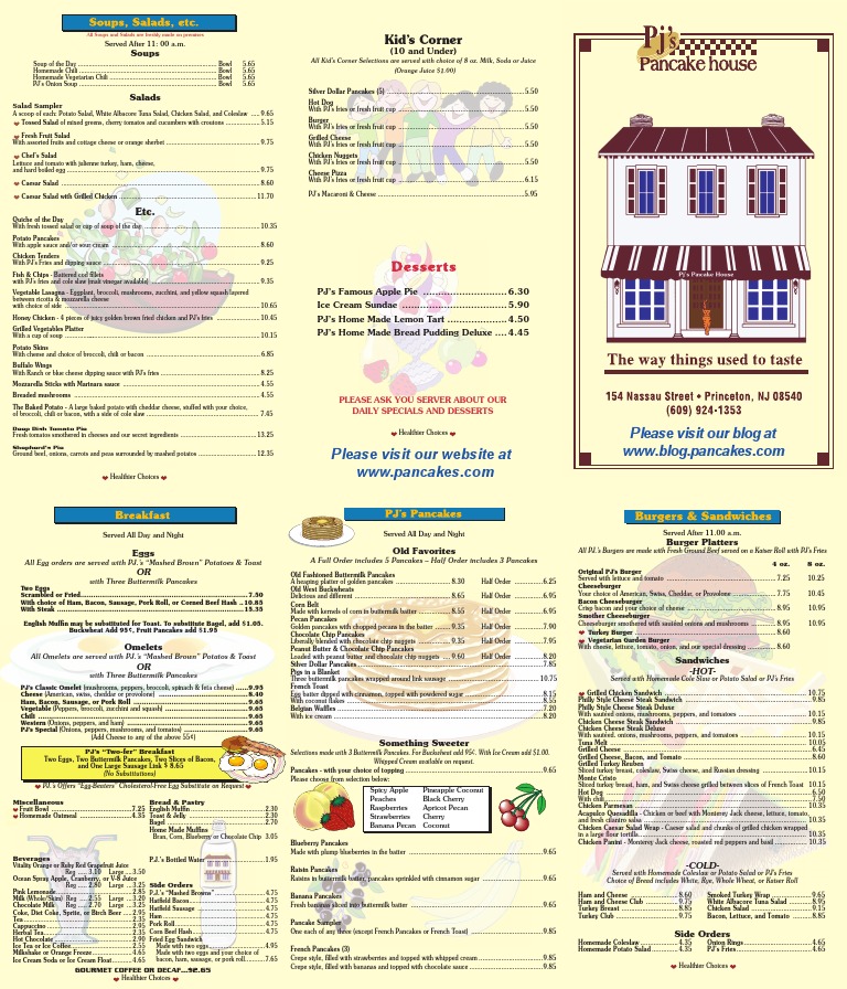 PJ's Kids Menu Selections | PDF | Pancake | Salad