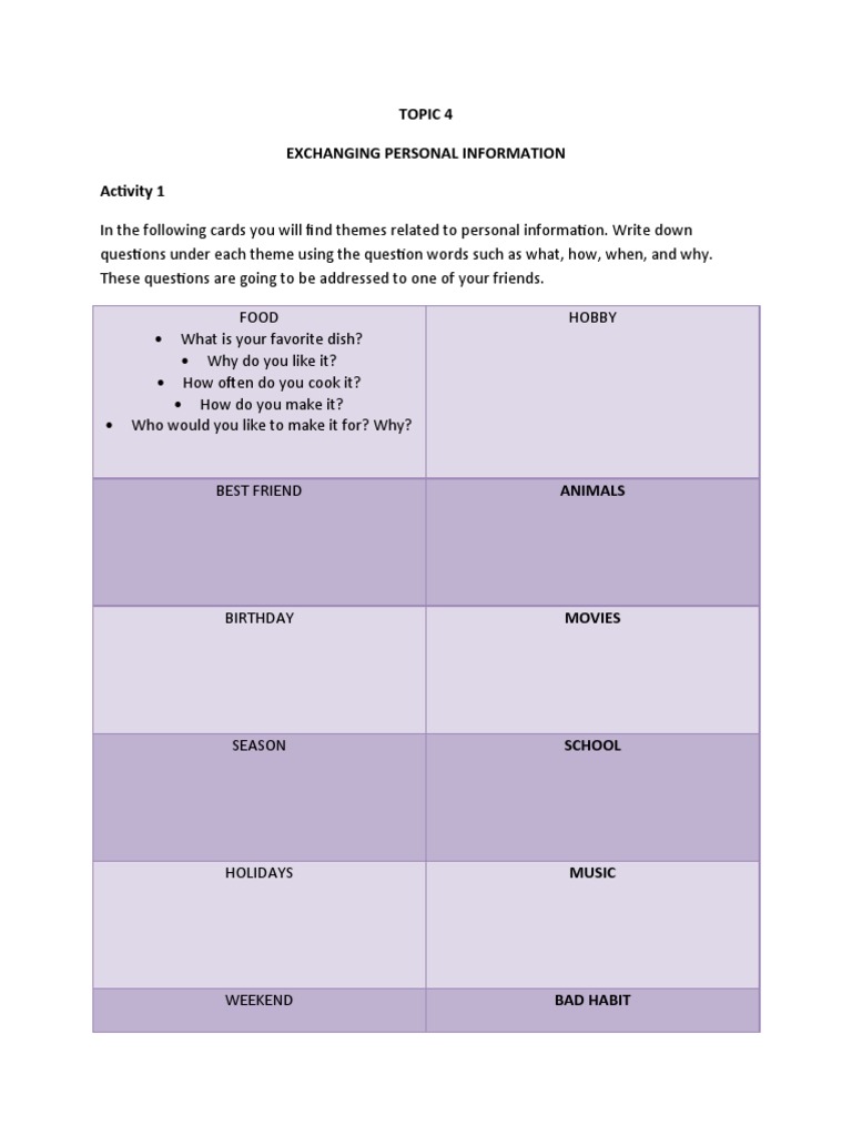 Topic 4 Exchanging Personal Information Activity 1 | PDF