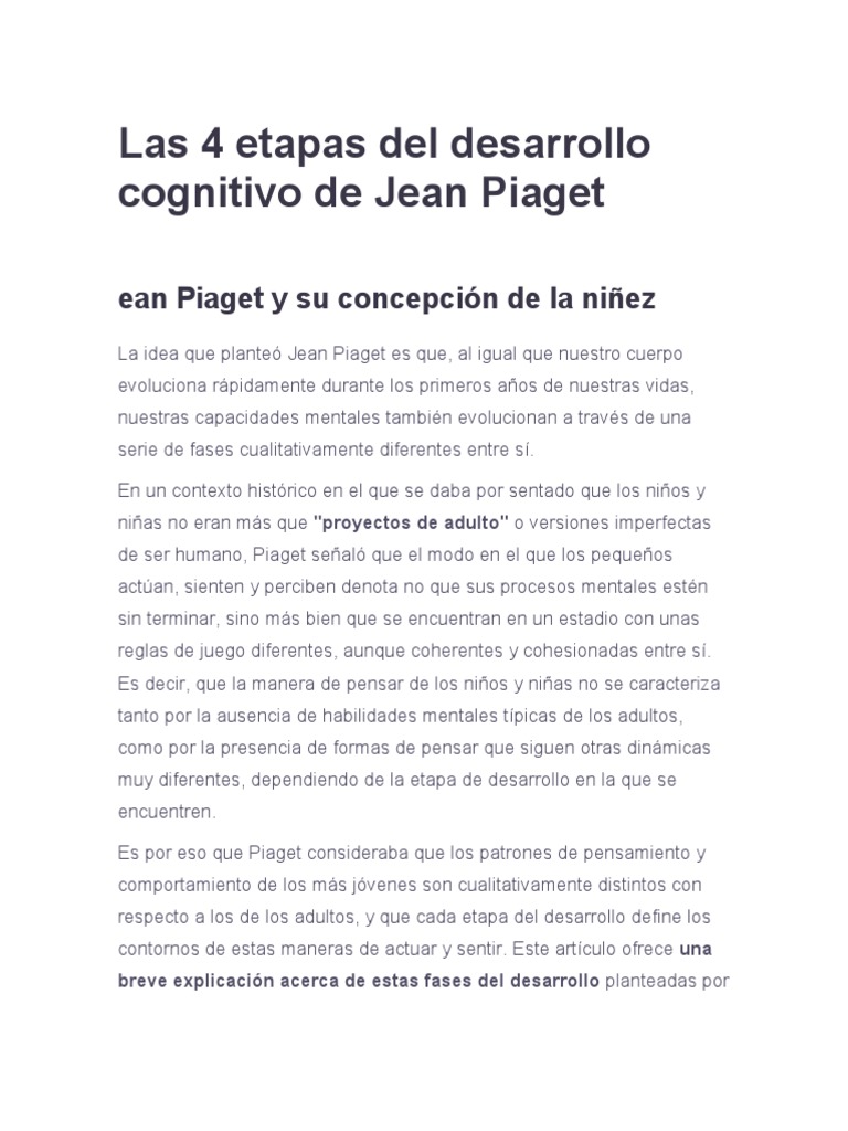 Las 4 Etapas Del Desarrollo Cognitivo de Jean Piaget | PDF ...