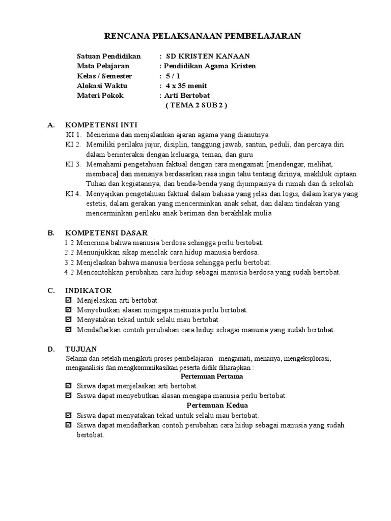 RPP Kelas 5 (Bab 4 Arti Bertobat) | PDF