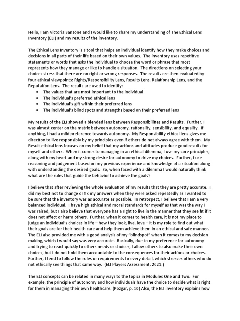 Understanding My Ethical Lens Results of the Ethical Lens Inventory PDF Autonomy Morality