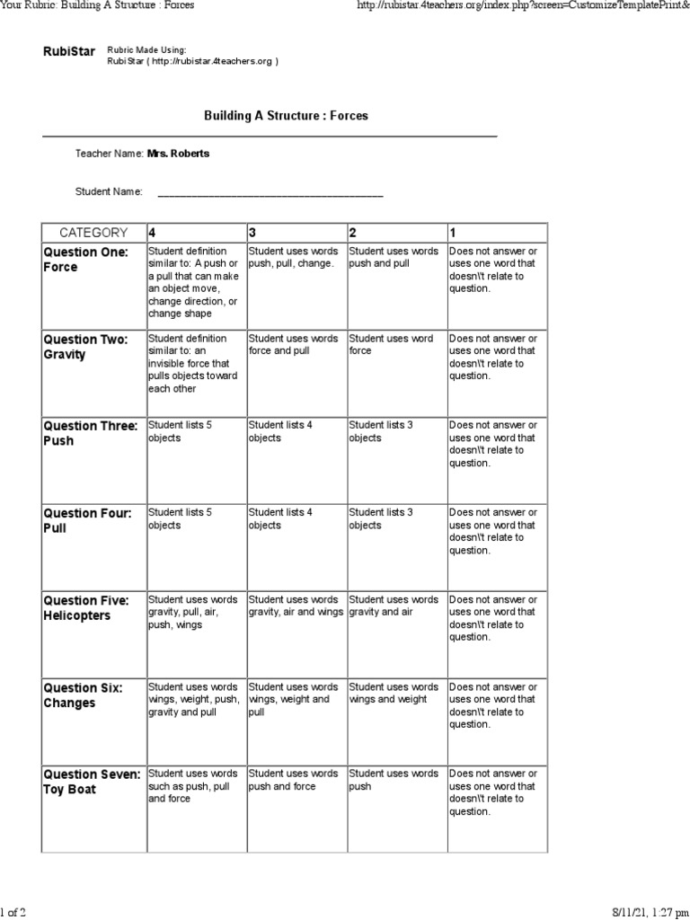 Your Rubric Building A Structure Forces | PDF | Weight | Physical ...