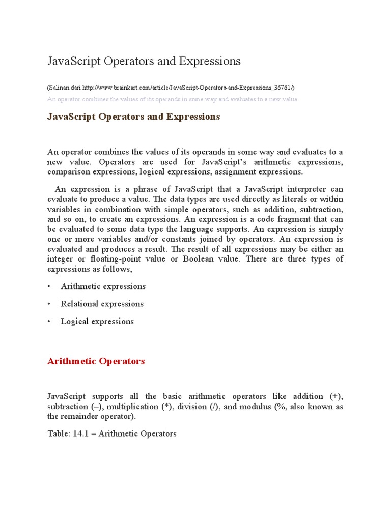 JavaScript Operators and Expressions | PDF | Boolean Data Type ...