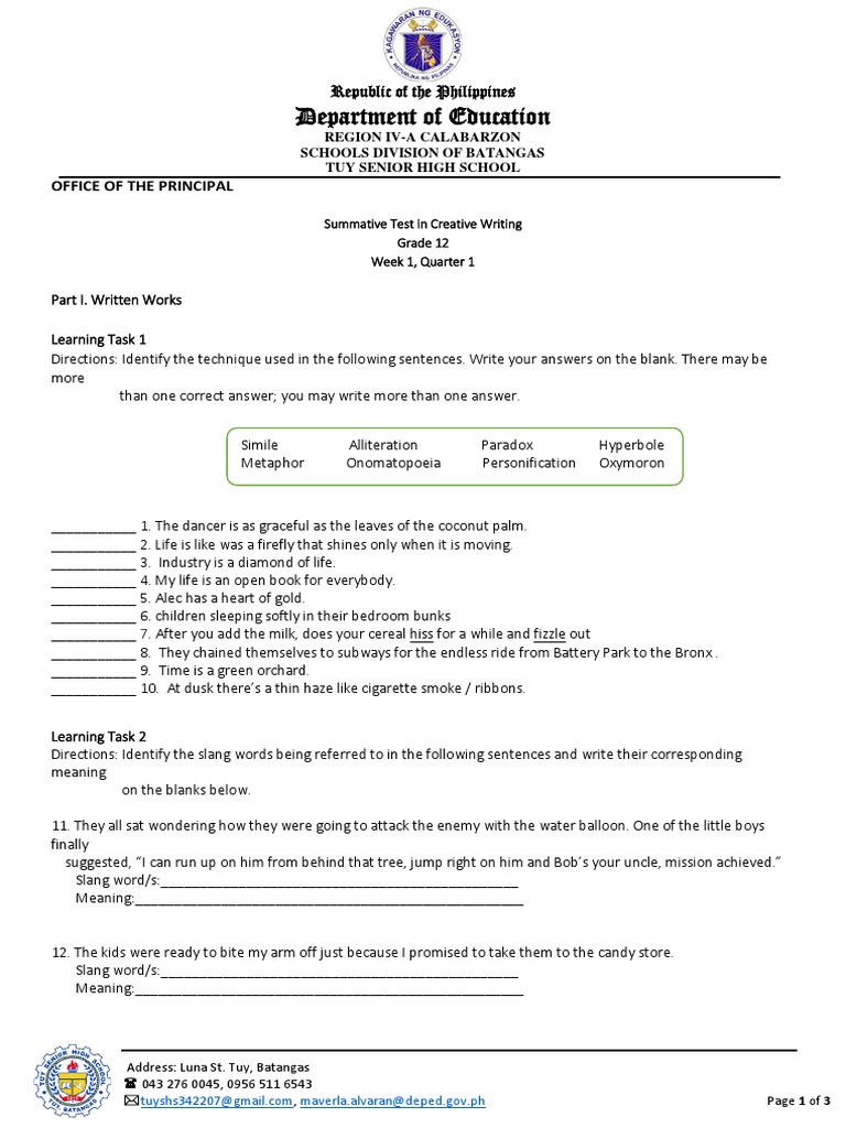 Grade 12 Creative Writing Test Guide | PDF | Cognition | Writing
