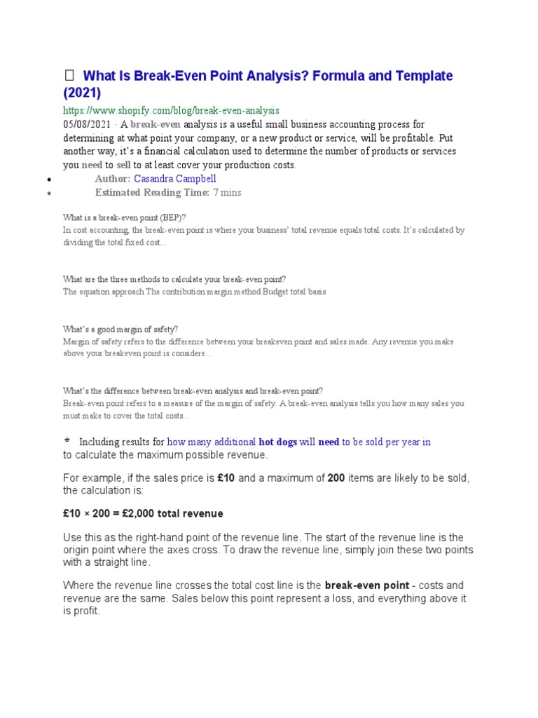 What Is Break-Even Point Analysis? Formula and Template (2021) | PDF ...