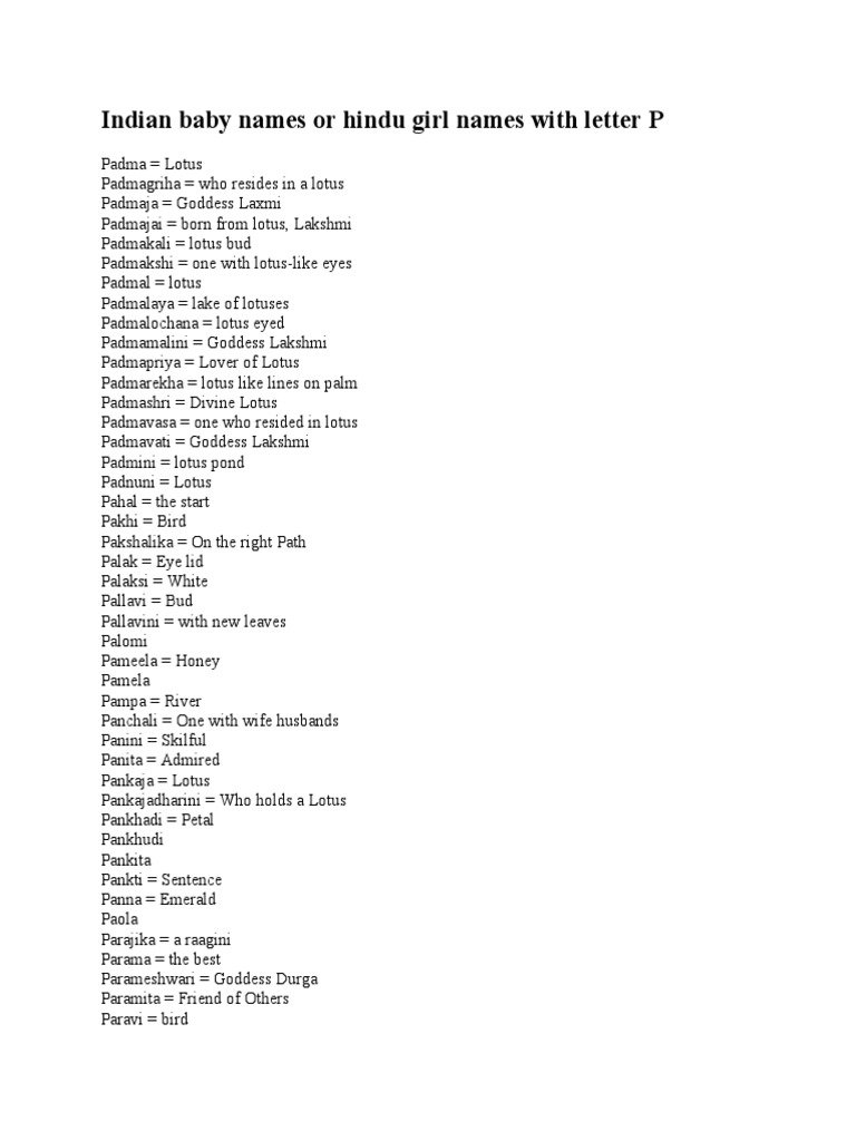 Indian Baby Names Or Hindu Girl Names With Letter P Pdf