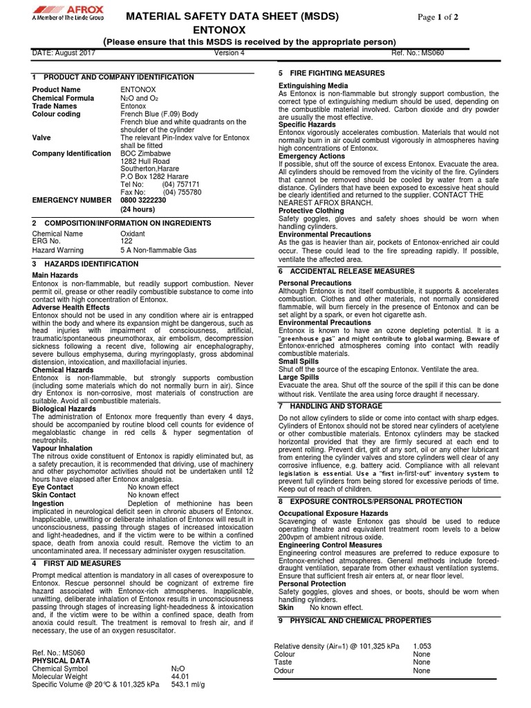 Please Ensure That This MSDS Is Received by The Appropriate Person) PDF Nitrous Oxide Safety
