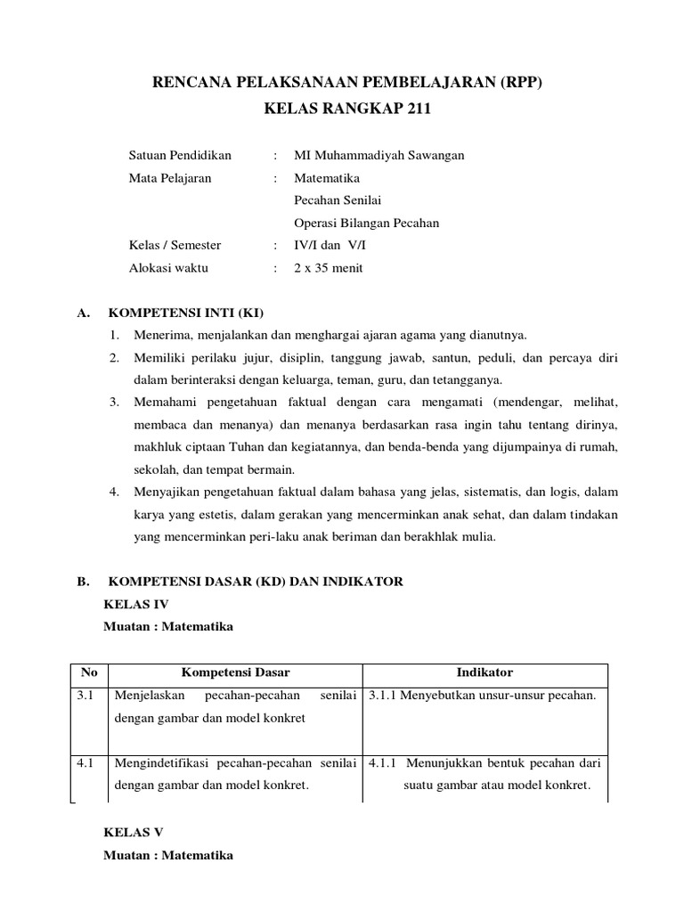 RPP Kelas Rangkap Model 211 Matematika | PDF