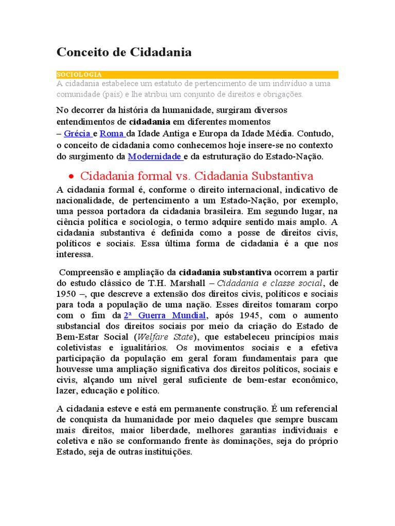 Conceito e Tipos de Cidadania | PDF | Cidadania | Sociologia