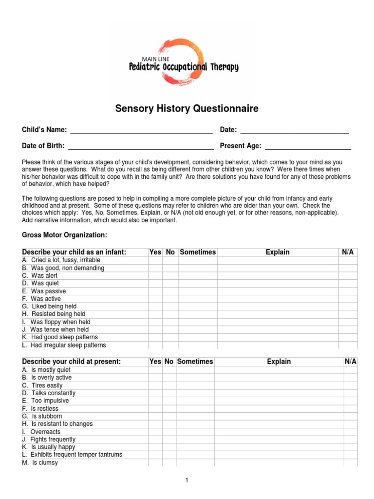 Sensory History Questionnaire PDF Odor Tickling