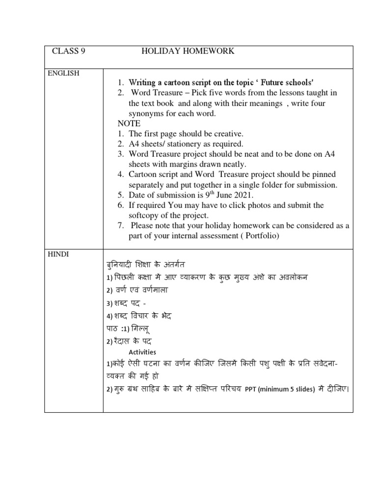 Class 9 Holiday Homework Assignments | PDF | Language Arts & Discipline ...