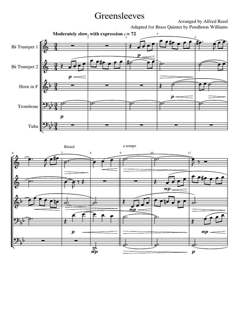Brass Quintet Greensleeves Alfred Reed PDF Brass Instruments
