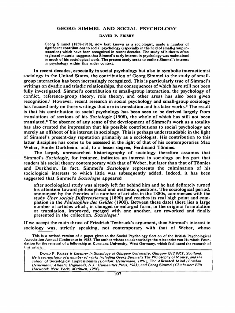 Georg Simmel and Social Psyhology | PDF | Sociology | Psychology