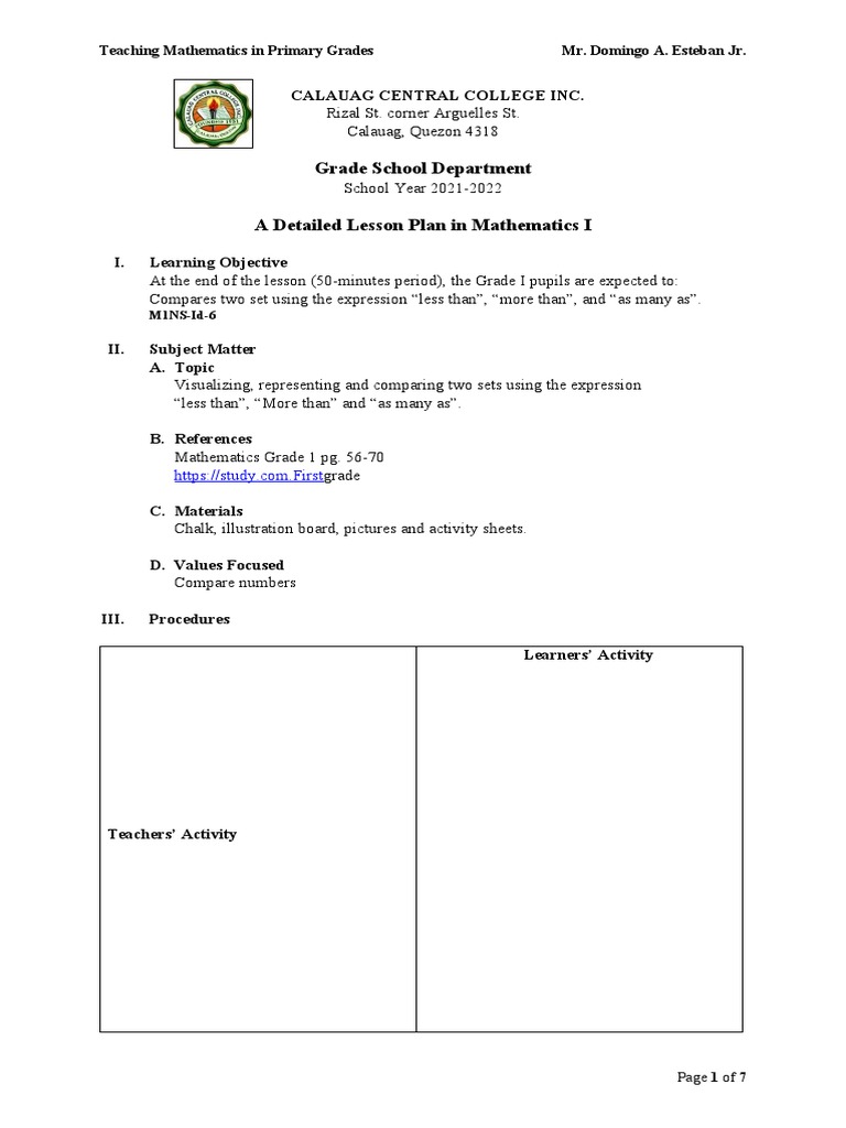 Grade 1 Math Lesson Plan: Comparing Sets | PDF | Lesson Plan | Teachers