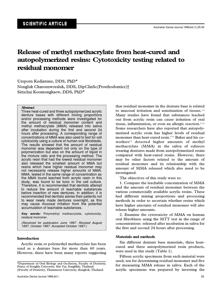 Release of Methyl Methacrylate From HeatCurved and Autopolymerized
