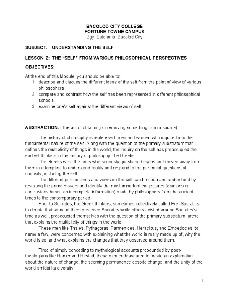 Bacolod City College Fortune Towne Campus PDF Philosophy Of Self Soul