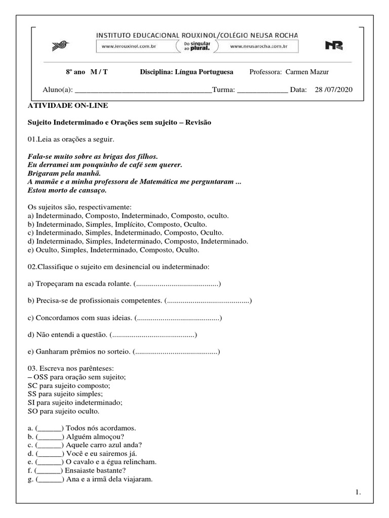 Atividades sobre Oração sem Sujeito | PDF | Assunto (gramática) | Sintaxe