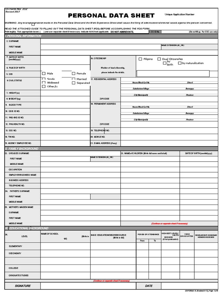 Personal Data Sheet for Government Employment Application PDF