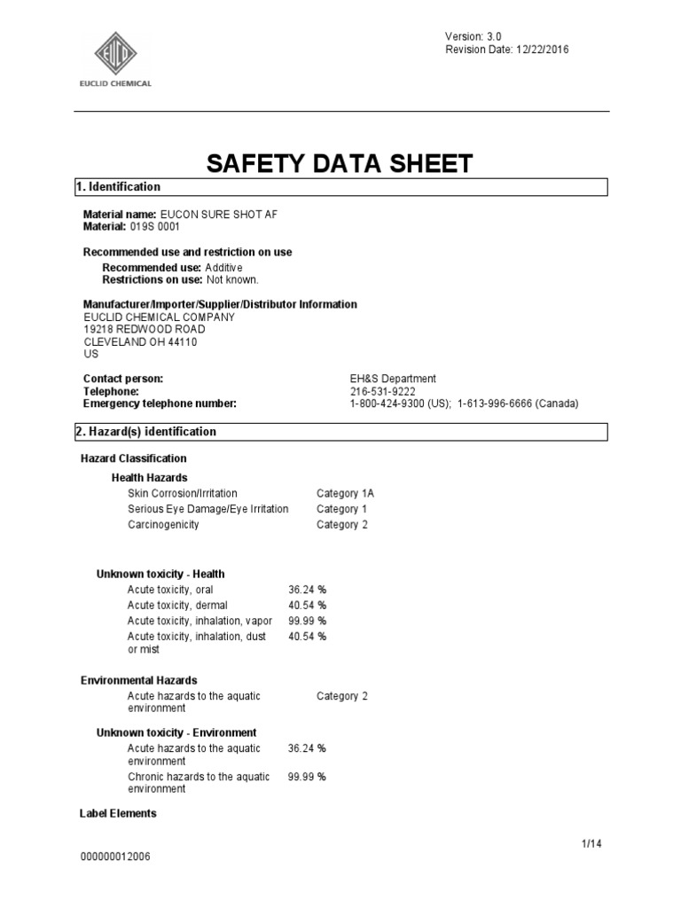 EUCON SURE SHOT AF Safety Data Sheet | PDF | Toxicity | Personal ...