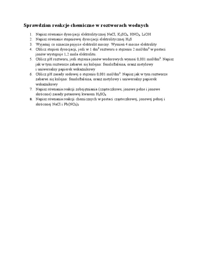 Reakcje Chemiczne W Roztworach Wodnych