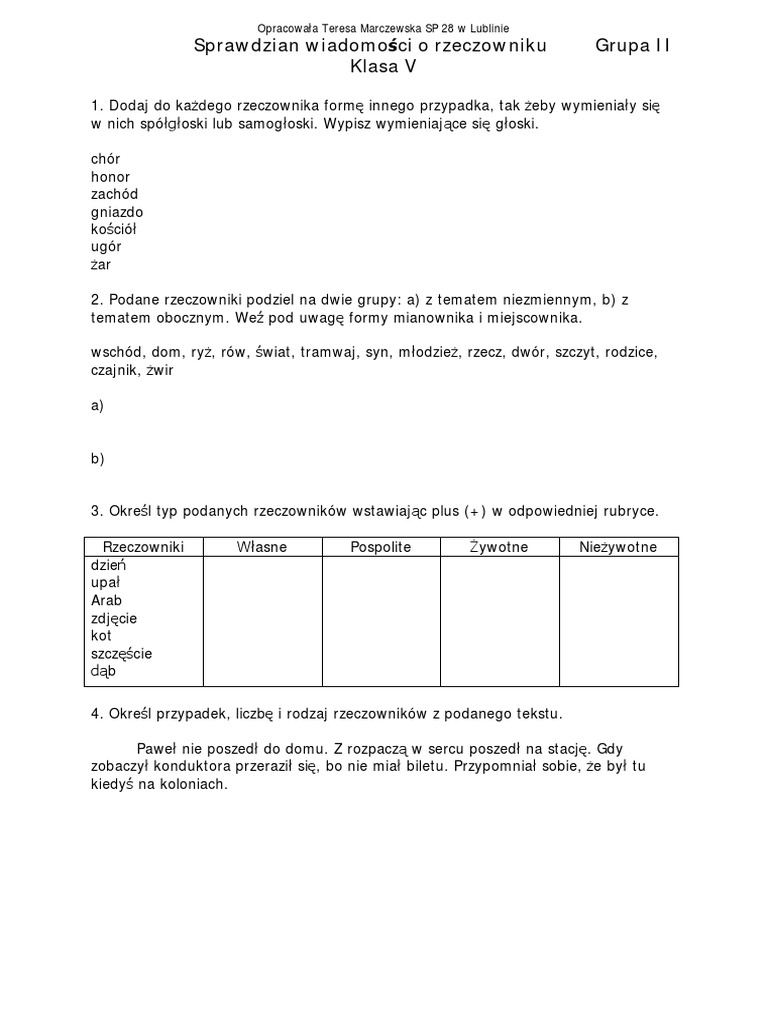 Sprawdzian Z Rzeczownika Klasa 4 Pdf