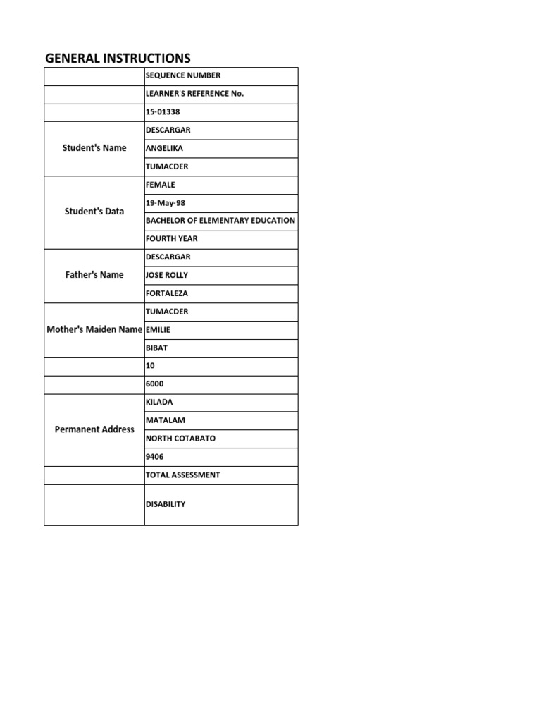 General Instructions: Student's Name | PDF | Learning