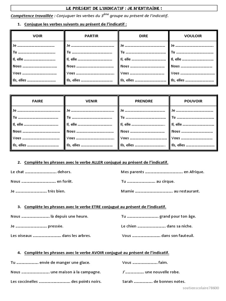 Verbes Du 3ème Groupe Au Présent Exercices Pdf Exercices Sur Le Present de L Indicatif 3eme Groupe | PDF | Verbe |  Typologie linguistique