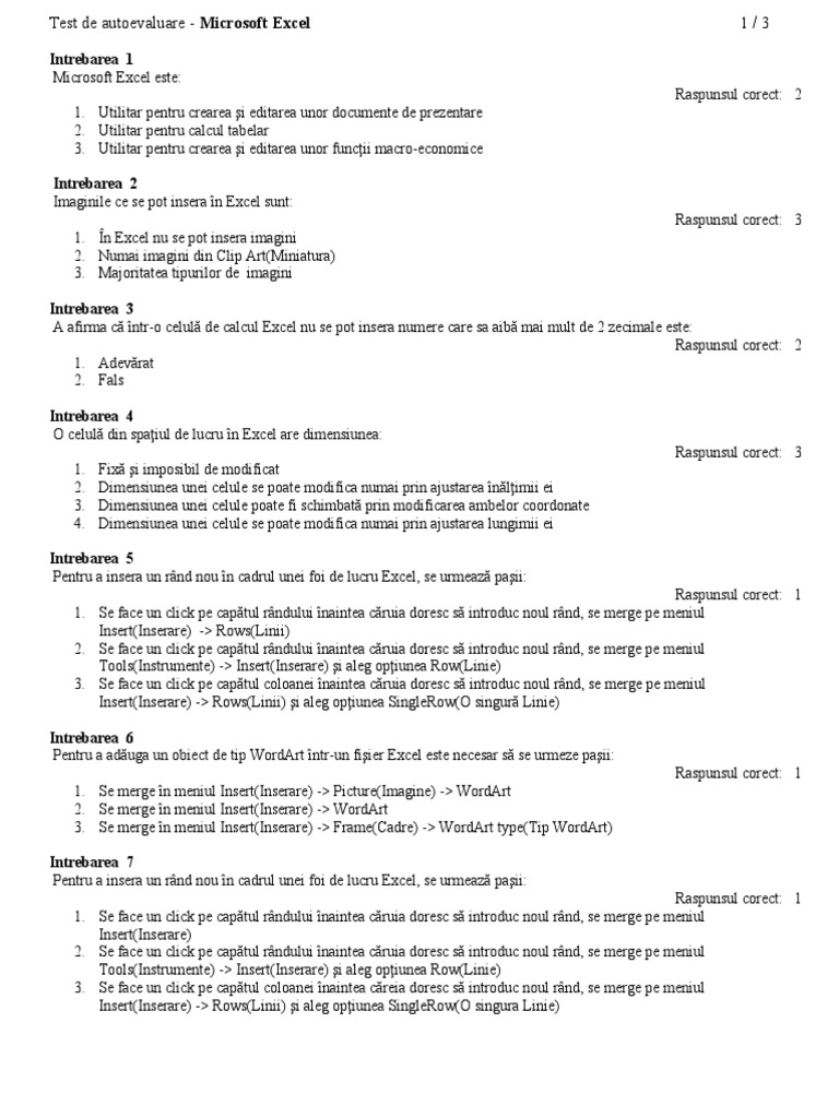 Test de Autoevaluare Microsoft Excel | PDF