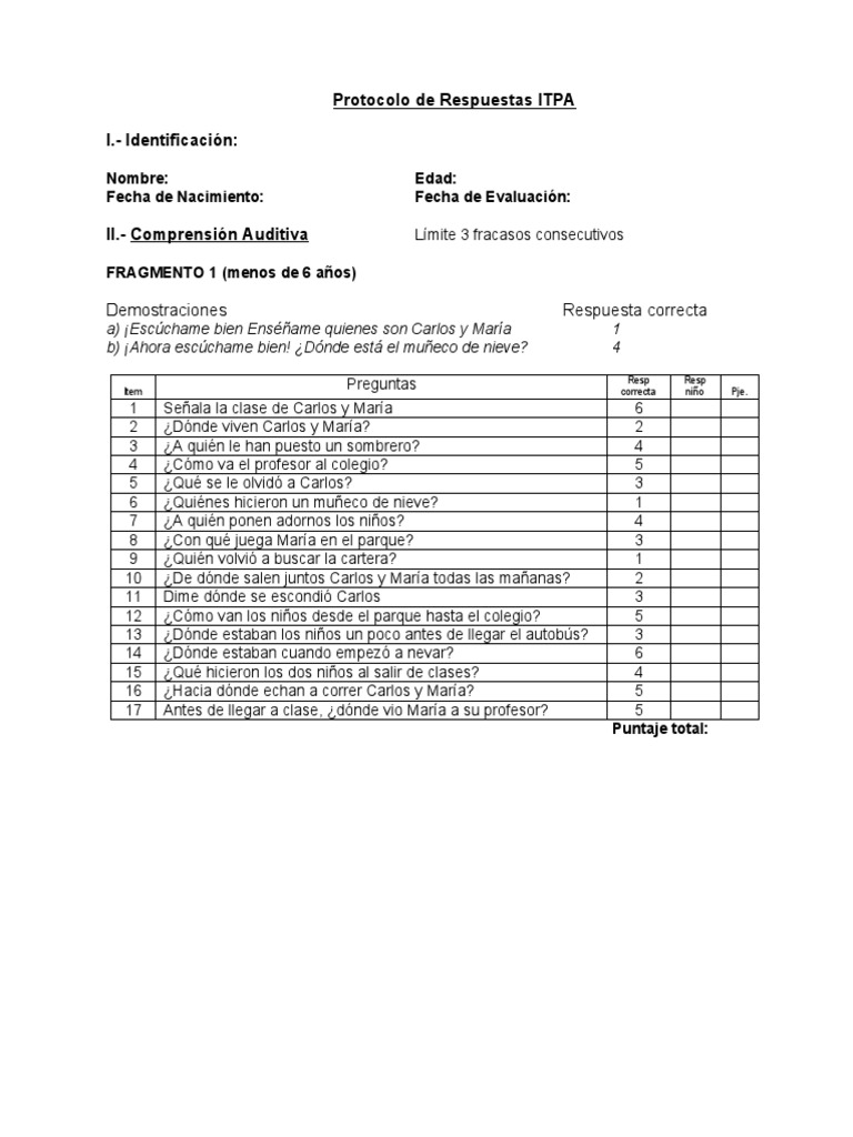 Protocolo de Evaluación ITPA | PDF
