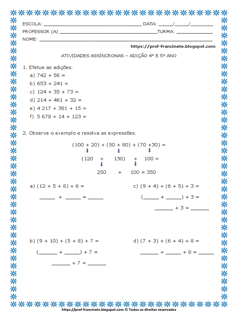 Atividades Assíncronas - Adição 4° e 5º Ano | PDF | Matemática | Aritmética, image size:768x1024