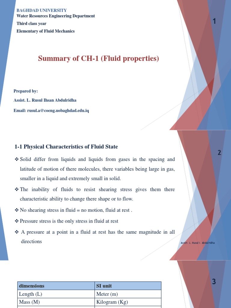 Summary Of Ch 1 Fluid Properties Water Resources Engineering