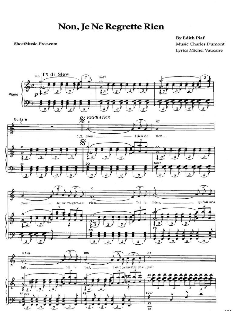 Non Je Ne Regrette Rien Sheet Music Edith Piaf (SheetMusic Free - Com ...