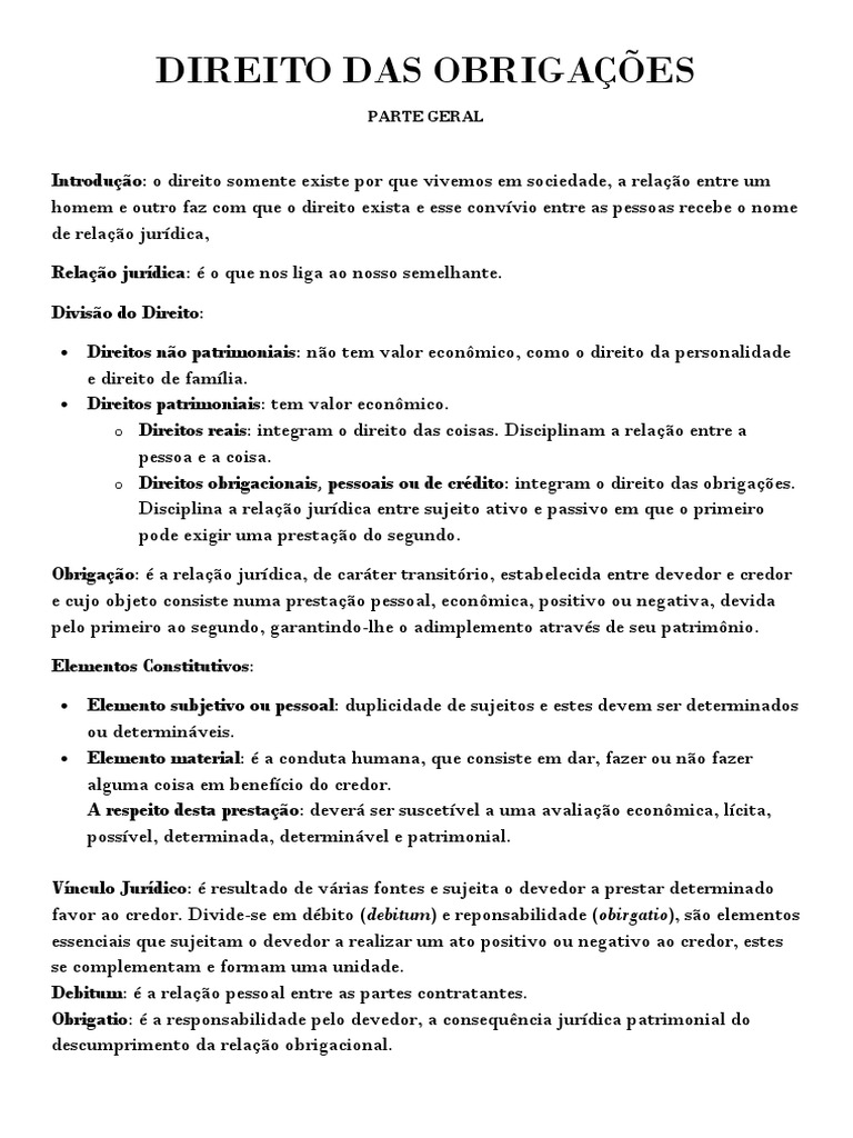 Direito Das Obrigações Resumo | PDF | Lei das Obrigações | Direitos