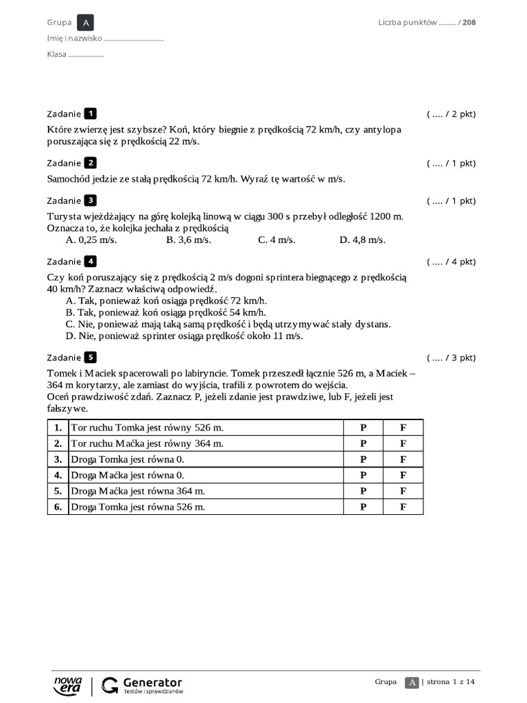 Kinematyka Sprawdzian Klasa 7 Odpowiedzi Pdf Klasa 7 - Sprawdzian Kinematyka | PDF
