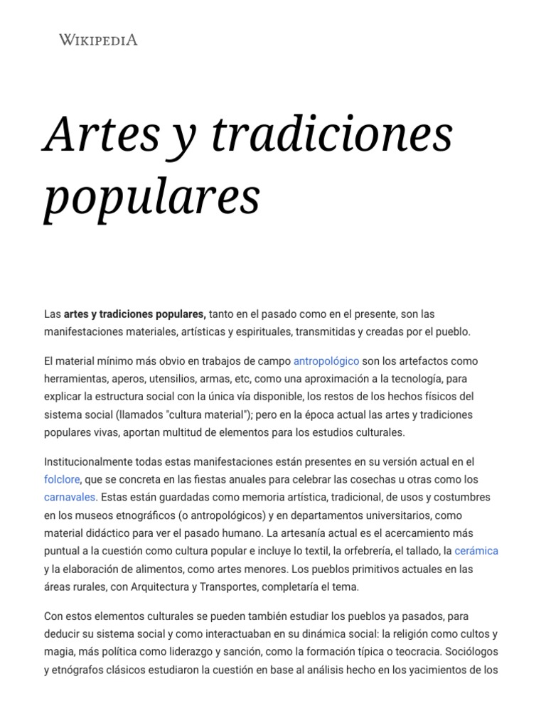Artes y Tradiciones Populares Wikipedia, La Enciclopedia Libre PDF