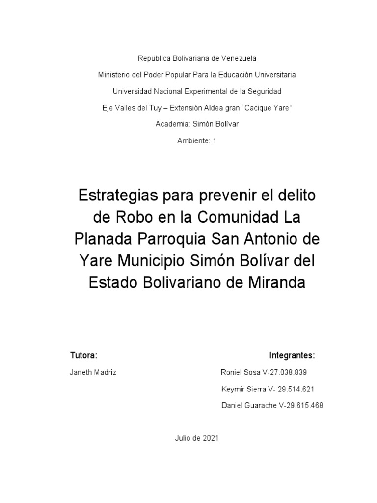 Estrategias para Prevenir El Delito de Robo en La Comunidad La Planada ...