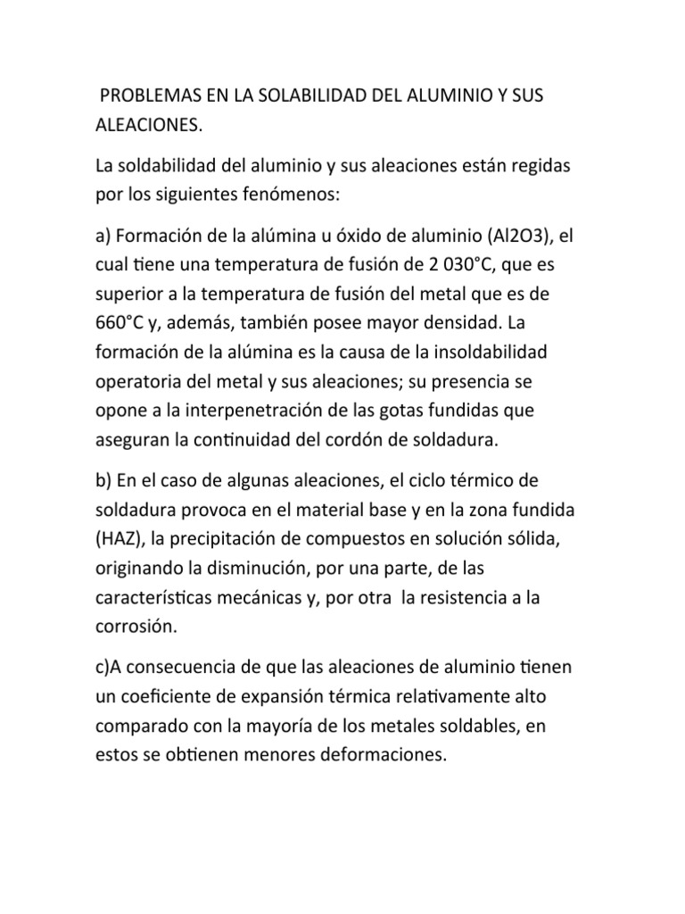 Problemas en La Soldabilidad Del Aluminio y Sus Aleaciones | PDF ...