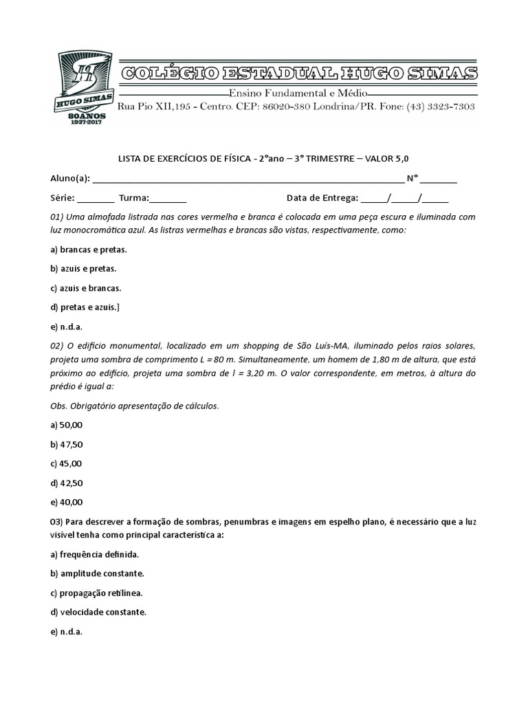 Lista de exercícios de física 2° ano | PDF | Ondas | Radiação ...