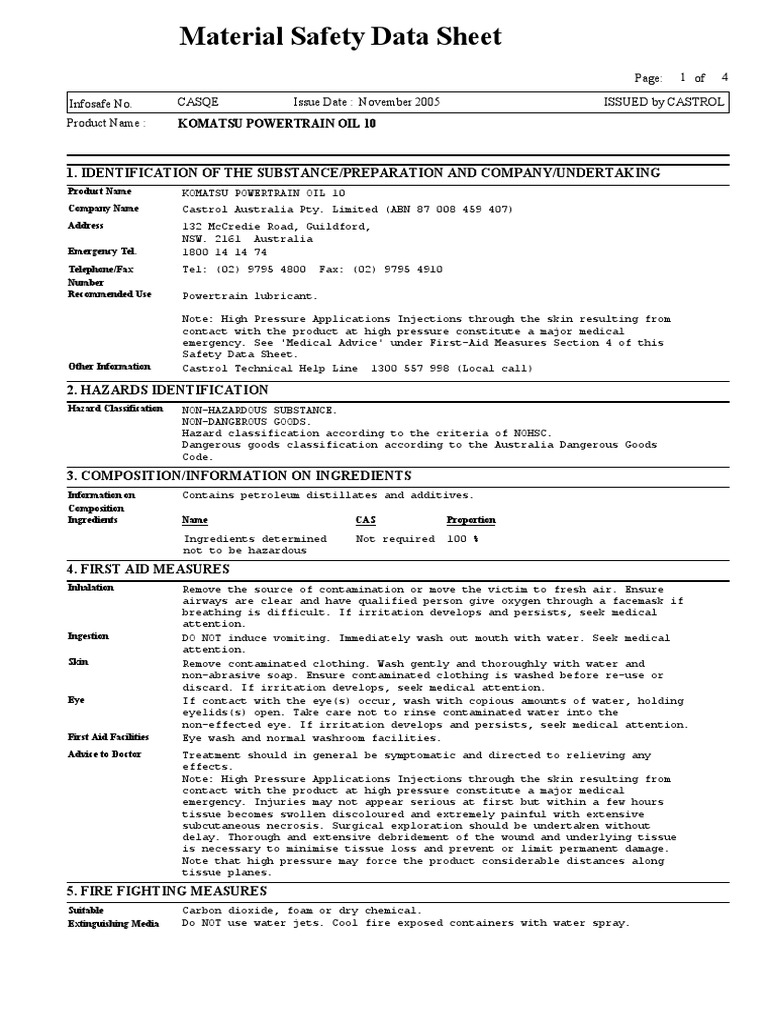 Transmission Oil TO10 MSDS PDF Combustion Personal Protective