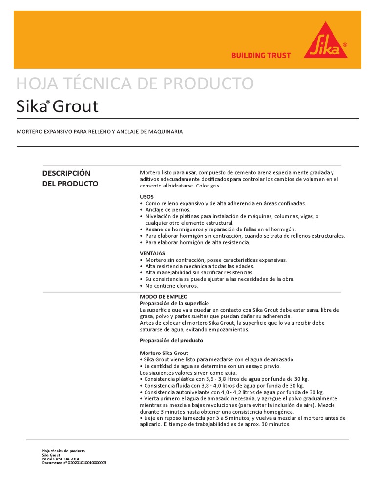 Mortero Expansivo Sika Grout | PDF | Hormigón | Agua