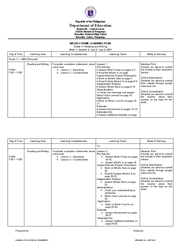 Weekly Home Learning Plan for Grade 11 Students of Remedios National