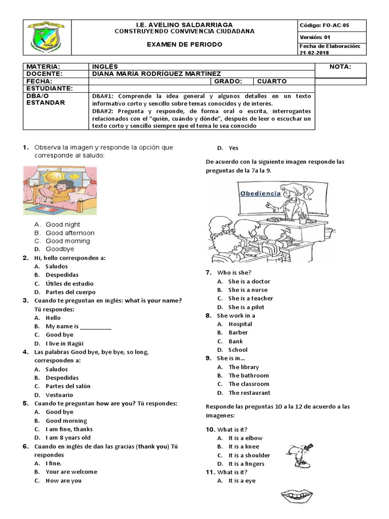 Examen de Inglés para Cuarto Grado | PDF