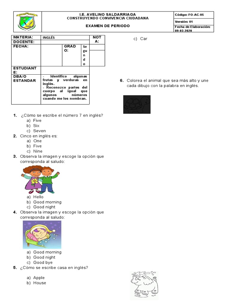 Examen de Inglés para Segundo Grado | PDF
